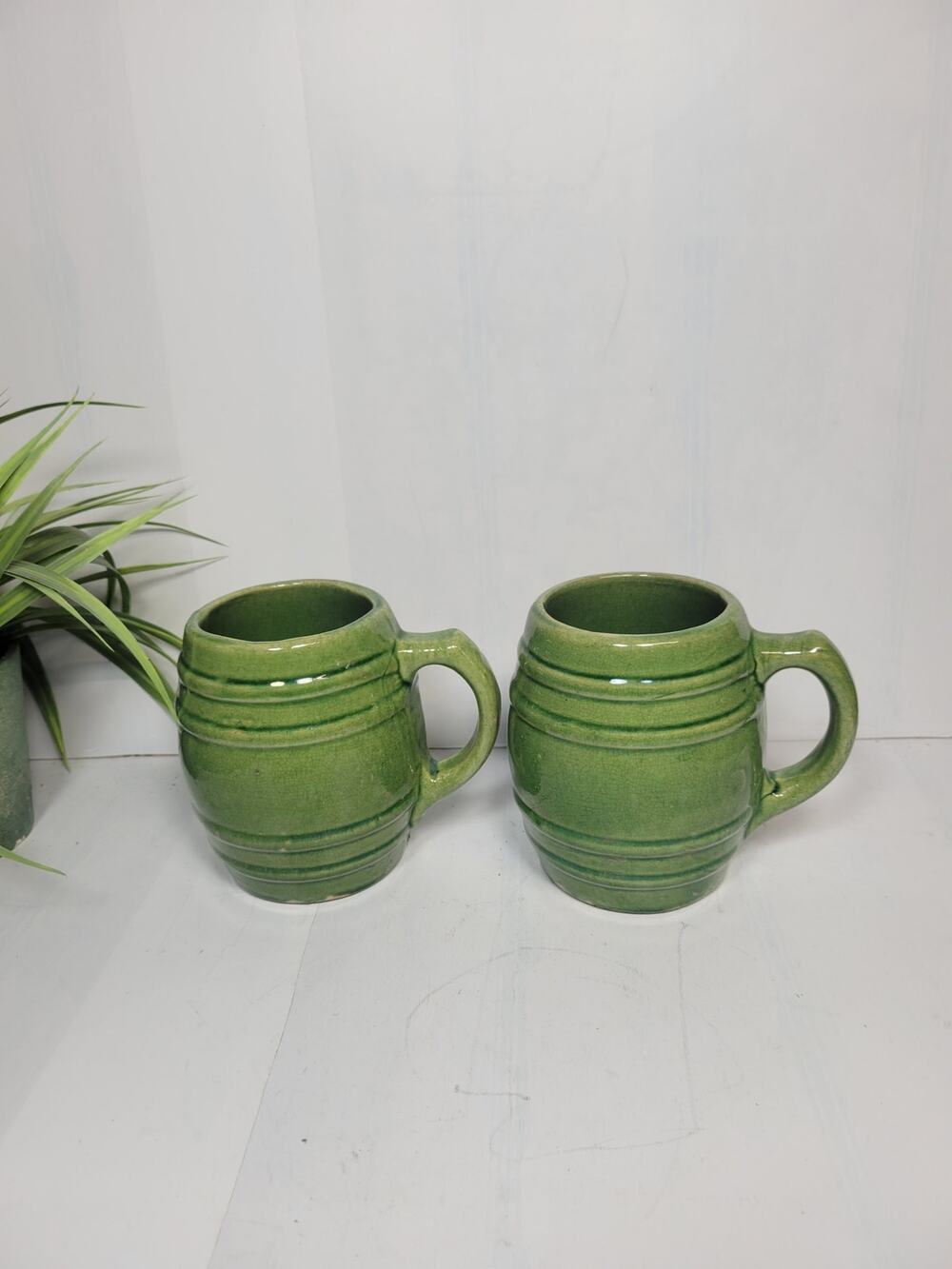 2 Vintage McCoy Pottery Green Barrel Mugs Beer Tankard No 16 Stoneware Set 1920s